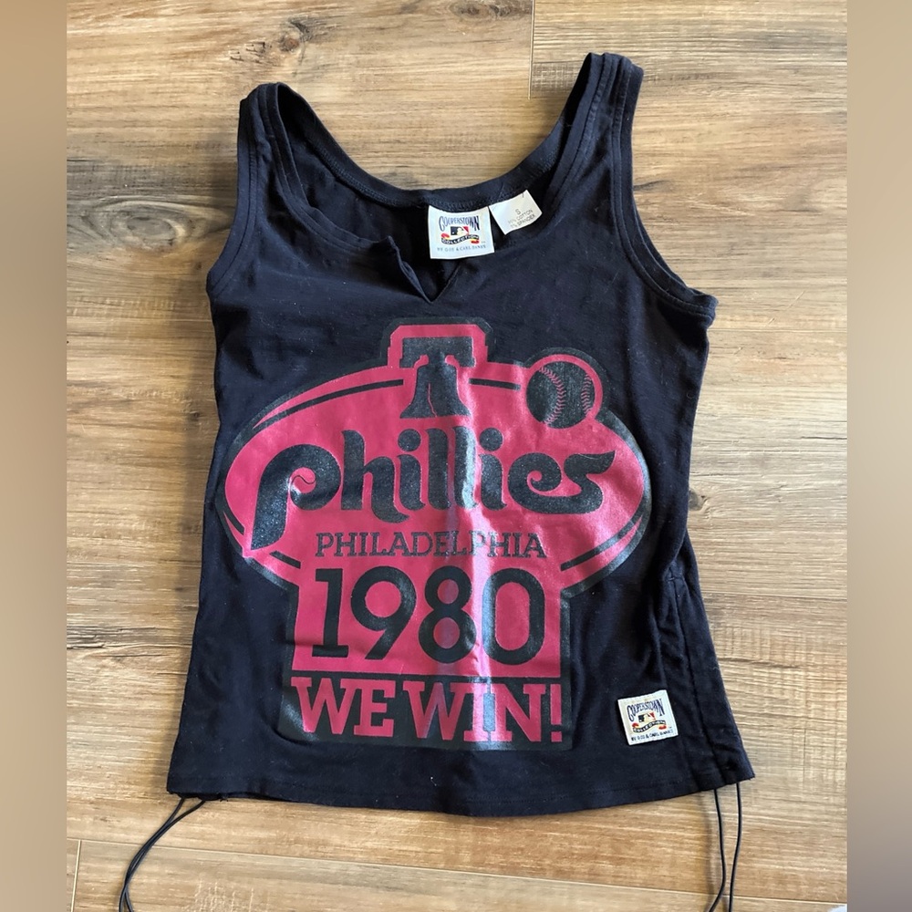 Y2K Cooperstown Phillies Black Tank Top with Dark Red Phillies 1980 Graphic Sm - Picture 3 of 4